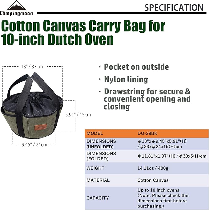camping moon Carry Bag for Dutch Oven Durable Canvas