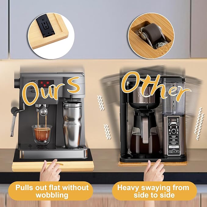 MinBoo Bamboo Appliance Slider,Sliding Tray for Coffee Maker, Kitchen Countertop Appliance Rolling Tray,Slides Easily from Under The Cabinet,Wide - Large (16" Wx13 D)