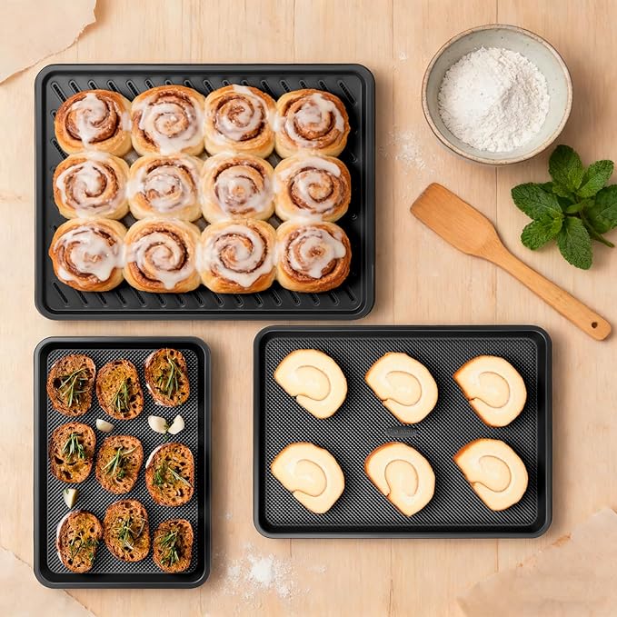 Cookie Sheets for Baking with Cooling Rack Set of 4, 0.8mm Thick Heavy Duty Nonstick Baking Sheets for Air Fryer, Half/Quarter/Jelly Roll Pans for Oven, Oven Trays with Diamond Texture