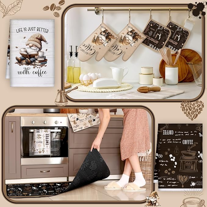 10 Pcs Coffee Kitchen Decor and Accessories Oven Mitts and Pot Holders Set Coffee Dish Towels Rugs Farmhouse Kitchen Decor Vintage Potholder Brown Gloves for Baking Cooking BBQ Women Mom Gift