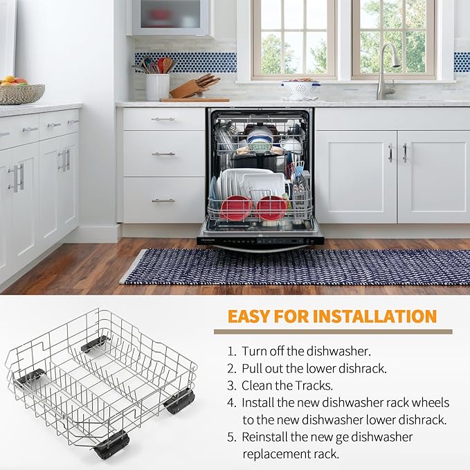 Upgraded WD28X34744 Dishwasher Lower Rack Replacement for GE Dishwasher Rack Parts WD28X26099 GDF510PSROSS GDT645SSN2SS Dishrack General Electric Dishwasher Bottom Rack Assembly Wheels Rollers