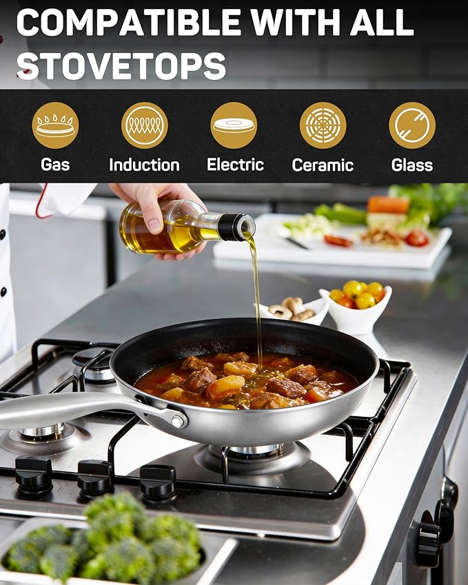 Stainless Steel Nonstick Frying Pan, Hybrid Ceramic 12-Inch Frying Pans, Stay-Cool Handle, PFAS & PFOA PTFE Free, Dishwasher & Oven Safe, Scratch-Resistant, Compatible with Induction & All Cooktops