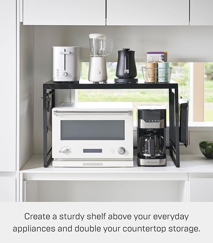 YAMAZAKI Home Kitchen Appliance Rack, Microwave Stand With Steel Side Panel, Adjustable Shelves, Hooks & Storage For Countertops, Small Kitchen Organizer, Modern Minimal Design - Steel