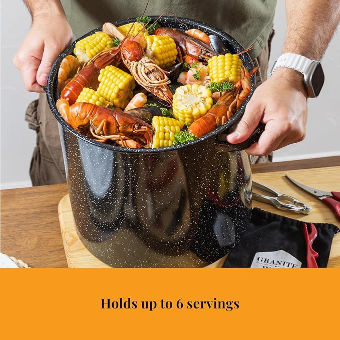Granite Ware 15-Piece Seafood Set with 15.5 Qt Stock Pot, Lid & Steamer Insert and Seafood Tool Kit for Crab, Lobster, Shrimp Boiling.