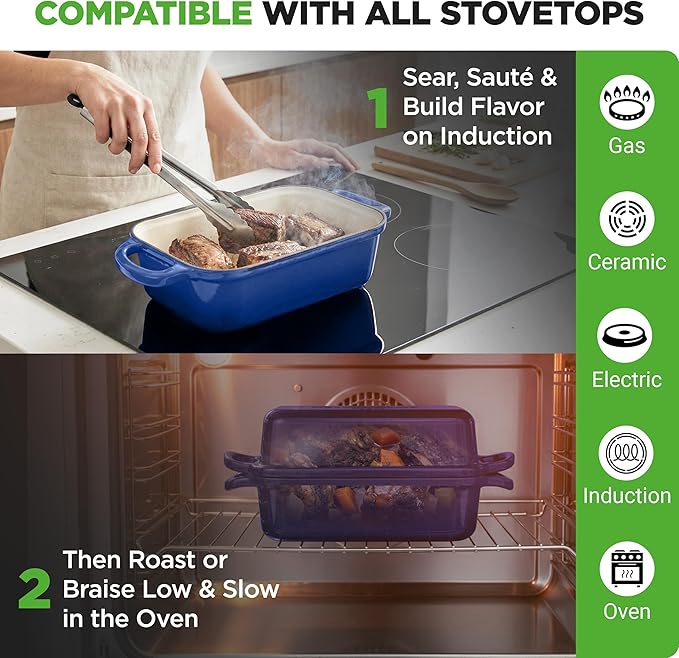 NutriChef 9x5" Enameled Cast Iron Loaf Pan with Lid, Enamel-Coated Baking Loaf Pan for Sourdough, Oven Safe, Nonstick Bread Pan with Silicon Gloves, Dishwasher Safe, Blue