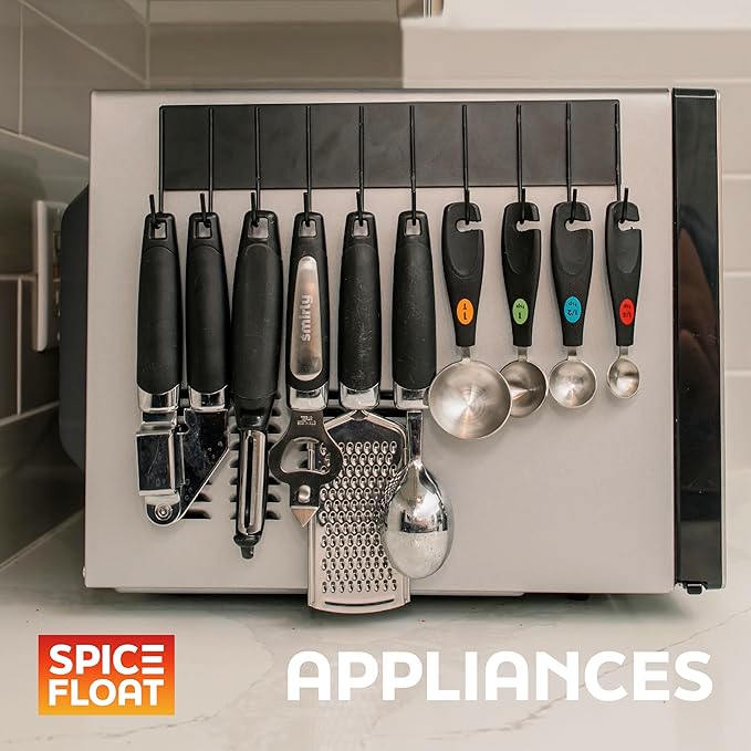 SPICE FLOAT Magnetic Spice Organizer Racks - 4 Premium Metal Racks + 1 Hanging Hook Bar Kitchen Shelf - Seasoning Organizer For Kitchen Appliances (3.94" x 12.2" x 3.15")