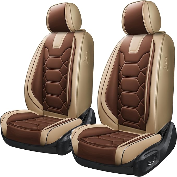 OASIS AUTO Car Seat Covers Front Seats, Sporty Honeycomb Waterproof Faux Leather Protectors, Universal Fit for SUV, Sedan, Truck Interior Accessories (OS-004 Coffee)