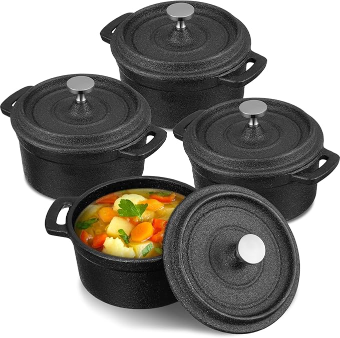 4 Pcs Mini Dutch Oven Small Round Iron Cocotte Black Dutch Oven Pot with Lid and Dual Handles Cast Iron Pot for Stovetop Use Marinate Cook Bake Refrigerate Garlic, Individual Servings(17 oz)