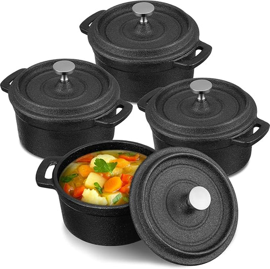 4 Pcs Mini Dutch Oven Small Round Iron Cocotte Black Dutch Oven Pot with Lid and Dual Handles Cast Iron Pot for Stovetop Use Marinate Cook Bake Refrigerate Garlic, Individual Servings(17 oz)