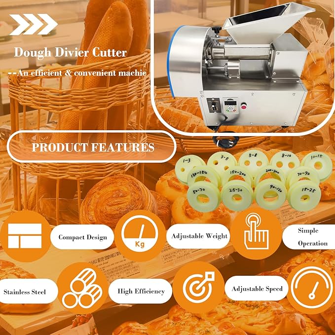 Electric Dough Divider Cutter Machine 1g-300g Small Dough Dividing Lump Spacer Stainless Steel Quantitative Partition Machine Adjustable Speed with 14 Dies for Precise Baking Portioning 110V