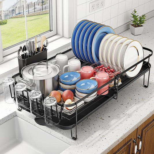SNTD Large Dish Drying Rack - Expandable Dish Rack for Kitchen Counter, Stainless Steel Dish Drainer Rack with Utensil Holder and Cup Holder, Black