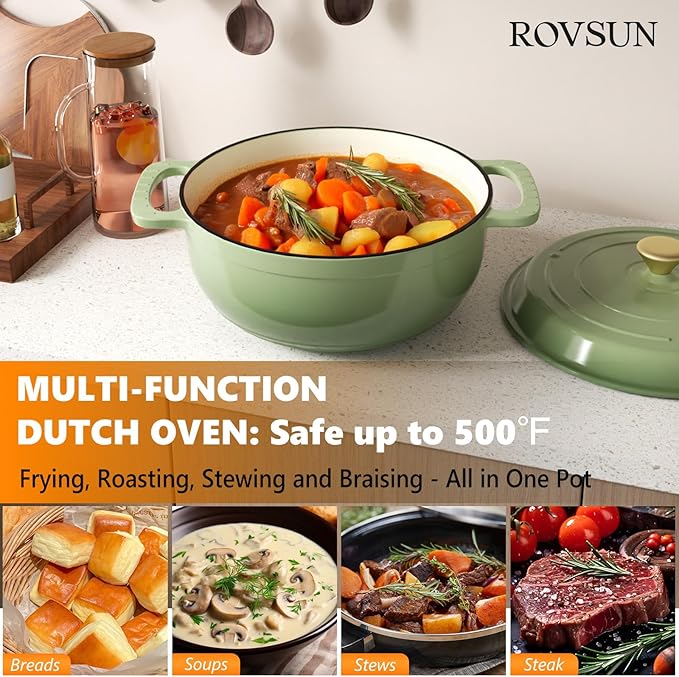 ROVSUN Enameled Cast Iron Round Dutch Oven, 7.5QT Pot with Lid &Dual Handles with Silicone Gloves,Oven Safe up to 500°F, Heavy-Duty Pre-Seasoned Cookware for Bread Baking, Braising, Stews, Roasting, Sage Green