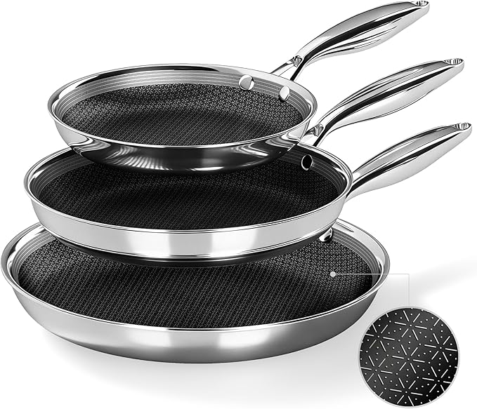 Kitchen Academy 8/10/12 Inch Stainless Steel Skillet Set, 3-Piece Tri-Ply Induction Frying Pans, Oven Safe & Dishwasher Safe, PFOA-Free Cookware