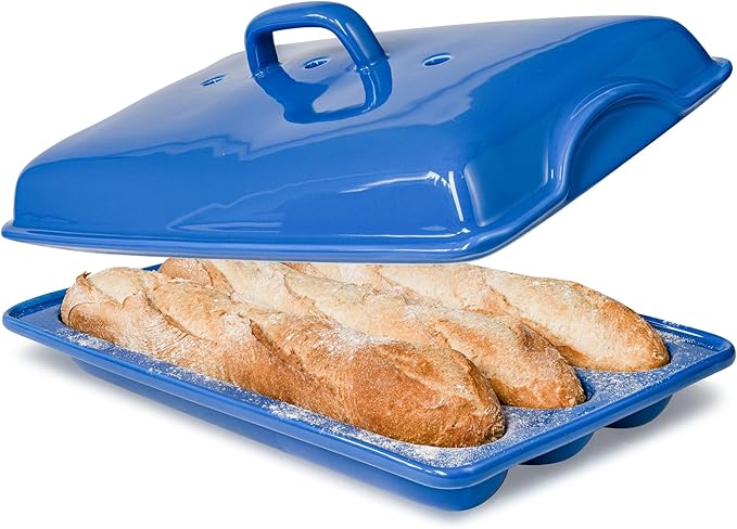 Demi Baguette Pan with Lid for French Bread – 3 Slot Blue Bread Baker Tray – Ceramic Baguette Mold for Sub Rolls, Hoagie, Italian Loaf – Easy-Lift Handle & Vented Crisp Crust Baking