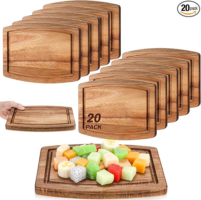 Kigley 20 Pcs Acacia Wood Cutting Boards Bulk for Laser Engraving Wooden Dinner Plates with Groove Chopping Charcuterie Board Carving Tray for Holiday Housewarming Party Gifts (8 x 6 Inch)