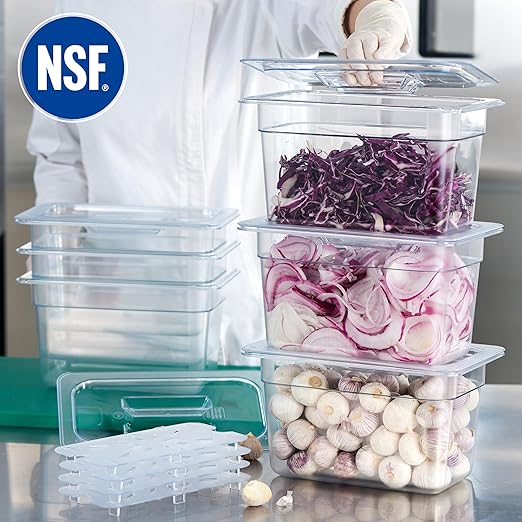 CURTA 6-Pack 1/4 Size 6" Deep NSF Polycarbonate Food Pans with Handled Lids & Drain Trays | Dishwasher & Freezer Safe Clear Container for Prep Tables, Buffet, Salad Bar, Commercial & Home Kitchen