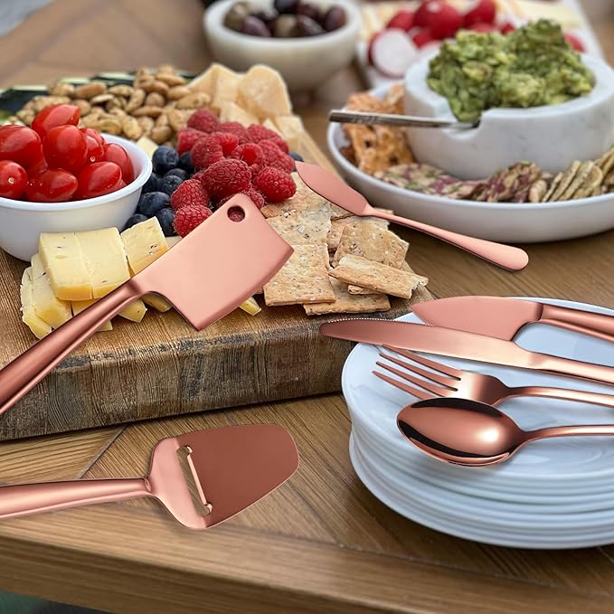 Rose Gold Cheese Knives Silverware 8 Pieces inlude dinning Knife Fork Spoon Stainless Steel Kitchen Gadget Baking Utensils Cooking Tool Multifunctional Durable