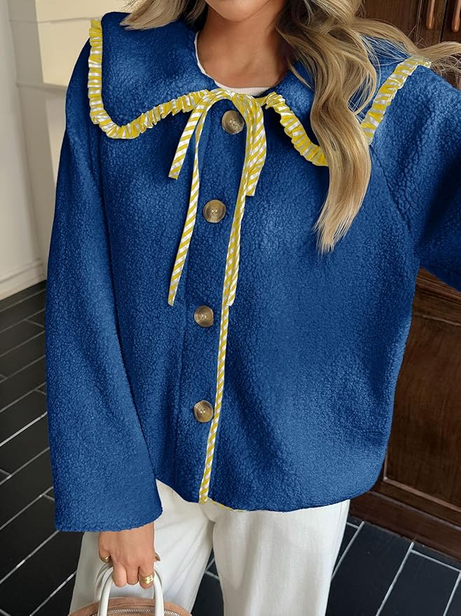 Tankaneo Womens Fuzzy Fleece Jacket Peter Pan Collar Button Down Fall Winter Sherpa Coats Colorblock Cute Warm Outerwear