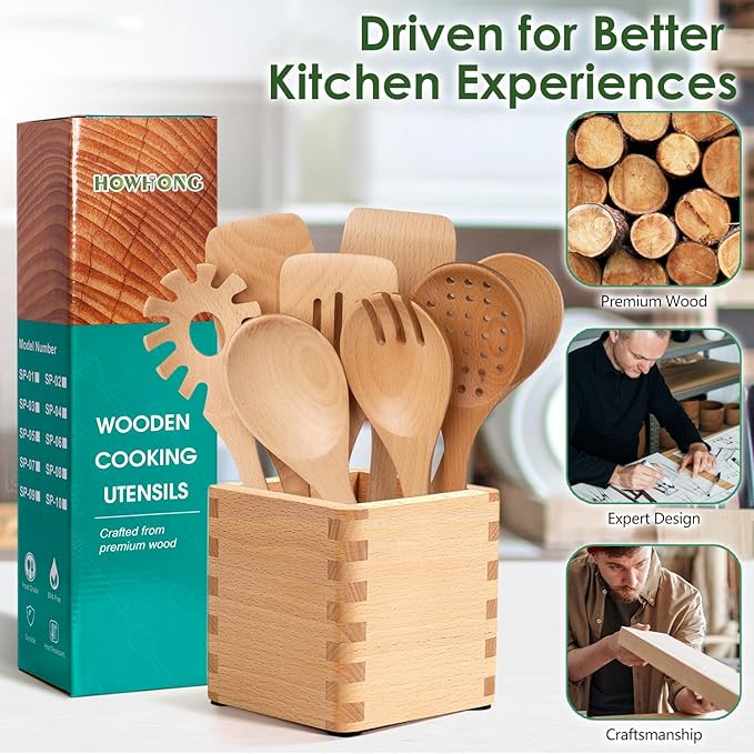 Wooden Spoons for Cooking, Beech Wood Kitchen Utensil Set, Premium Handmade Wooden Cooking Utensils for Nonstick Cookware, Heat Resistant, Smooth Finish, Comfortable Grip, 8 Piece