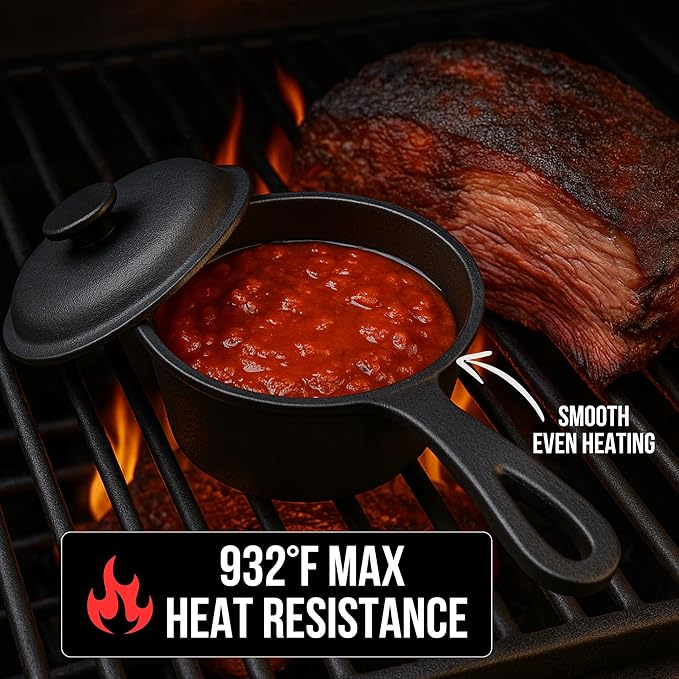 1 QT Cast Iron Sauce Pot with Lid & Wood Brush for Basting, Melting, Simmering Sauce, Butter & Cheese - Built for Cooking, Grilling & Camping - 932°F Max Even Heat Distribution - Professional Grade