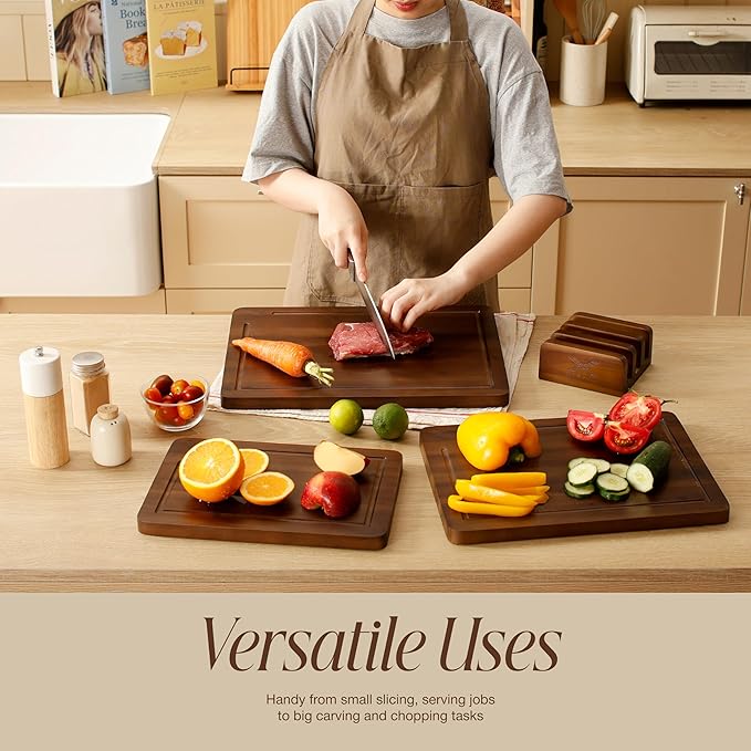 Acacia Wood Cutting Board Set of 3 (16 x 12/14 x 10/12 x 8), Walnut - 0.8 in Extra Thick Wooden Chopping Boards with Deep Juice Grooves - Non-Slip, Non-Toxic & Durable Boards for Meat & Vegetables