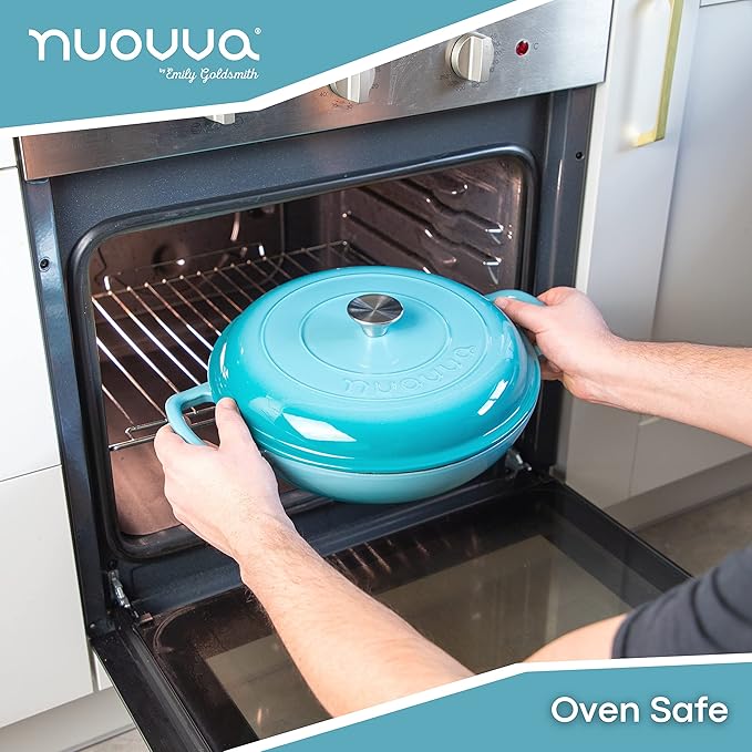 Cast Iron Dutch Oven with Lid – Non Stick Shallow Dutch Oven Pot, Oven Safe up to 500° F – Sturdy Cooking Pot – Enamelled Stockpot Cookware – Blue, 3.7-Quart, 30cm – by Nuovva