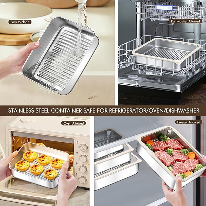 3-Pack Extra Thick 304 Stainless Steel Storage Containers Set, Non-Stick Bottom Food Storage Boxes with Airtight Glass Silicone Lids, Stackable Kitchen Organizers for Meal Prep & Pantry Storage
