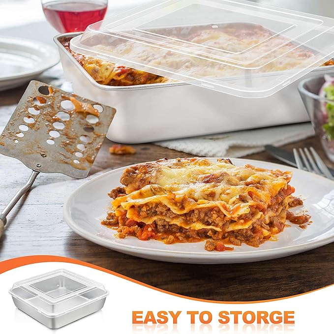 Herogo 8”x 8” Baking Pan, Stainless Steel Square Cakes Brownie Lasagna Bakeware with Lid, 1 Pan + 1 Lid, Healthy & Dishwasher Safe