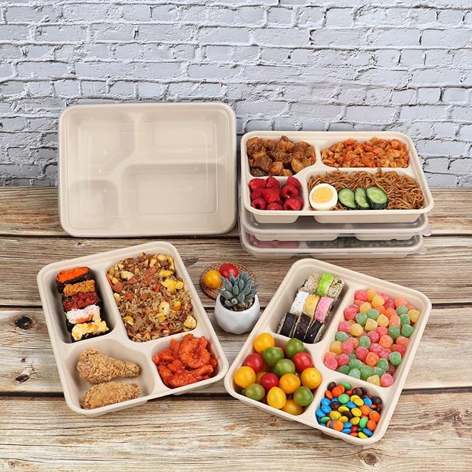 40 oz 4 Compartments disposable Sugarcane Fiber plates with Lids Bagasse Plant Fibers Freezer Safe 25 Pack
