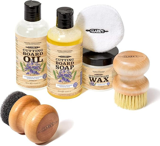 CLARK'S Cutting Board Care Kit - Includes Mineral Oil - Finishing Wax (6oz) - Applicator - Scrub Brush - Buffing Pad - Infused with Lavender and Rosemary Extract - Features Clark's Cutting Board Wax