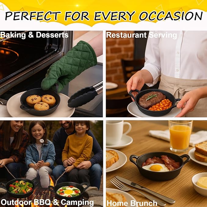 Mini Cast Iron Skillets Set of 6, 5 x 5 x 1.3 Inch Small Cast Iron Pan with Handles, Mini Ramekins Round Black Casserole Dish Cookware Small Skillets for Serving Food Frying Baking Cooking Roasting