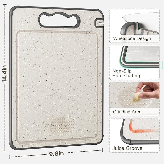 Stainless Steel Cutting Board,2-in-1 Cutiing Board Stainless Steel & Wheat Straw PP,Double Sided Chopping Board for Kitchen,Anti-Slip Silicone Edges,Juice Groove,Dishwasher Safe(Grey,14.4"L*9.8"W)