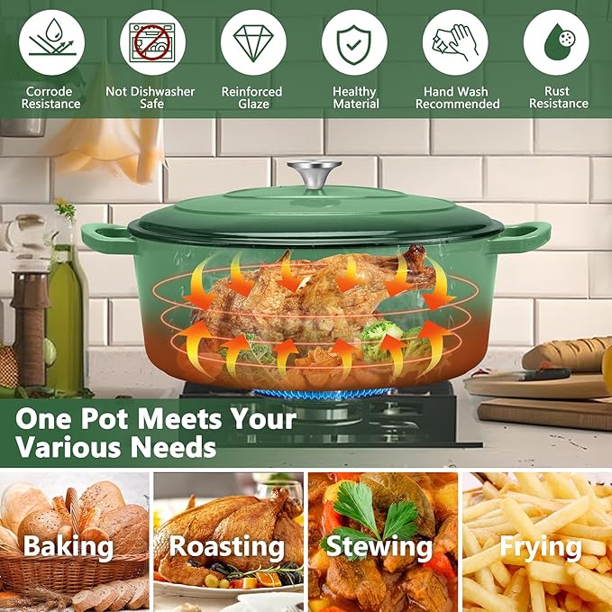 TeamFar 7QT Oval Dutch Oven, Enameled Cast Iron Dutch Oven Pot with Lid, For Bread Baking/Stewing/Braising/Frying, Suitable for Various Stoves, Non-stick & Easy Clean, Basil Green