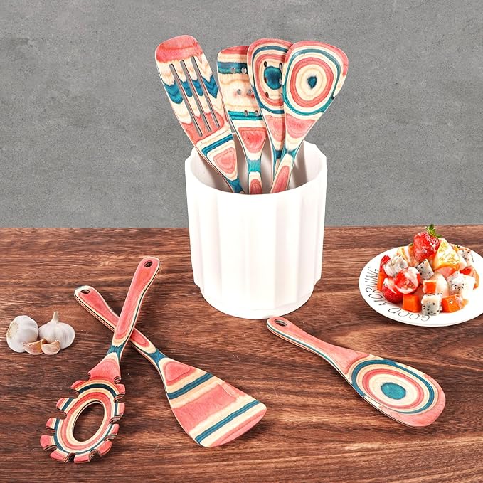Wooden Spoons for Cooking – 7 Piece Pakkawood Kitchen Utensils Set with Spatulas, Spoons, Ladles, and Turner for Mixing, Serving & Cooking