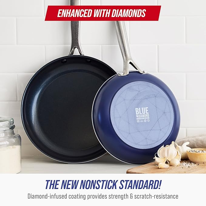 Blue Diamond 9.5” & 11" Nonstick Frying Pan Skillet Set, Diamond Infused PFAS-Free Ceramic, Dishwasher & Oven Safe, Stainless Steel Handle, Durable Non Toxic Metal Utensil Safe, Egg & Omelet Pans,Blue