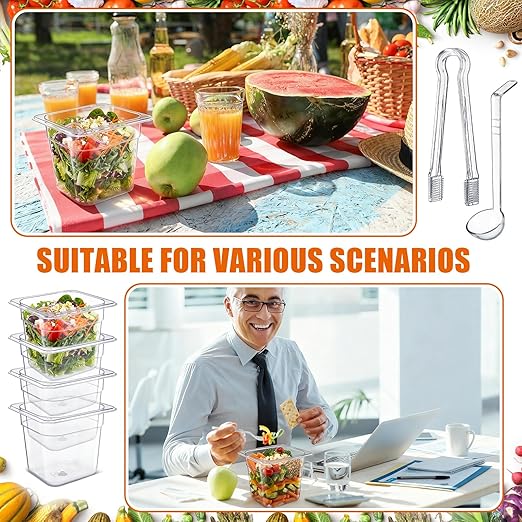 Rtteri 22 Pcs 1/6 Size Clear Plastic Pans Set: 16 Food Prep Containers & 2 Tongs & 4 Spoons for Salad Bar Buffet Restaurant Hotel Commercial Home for Fruit Vegetable Sauce Bean Corn Deli(6 Inch Deep)