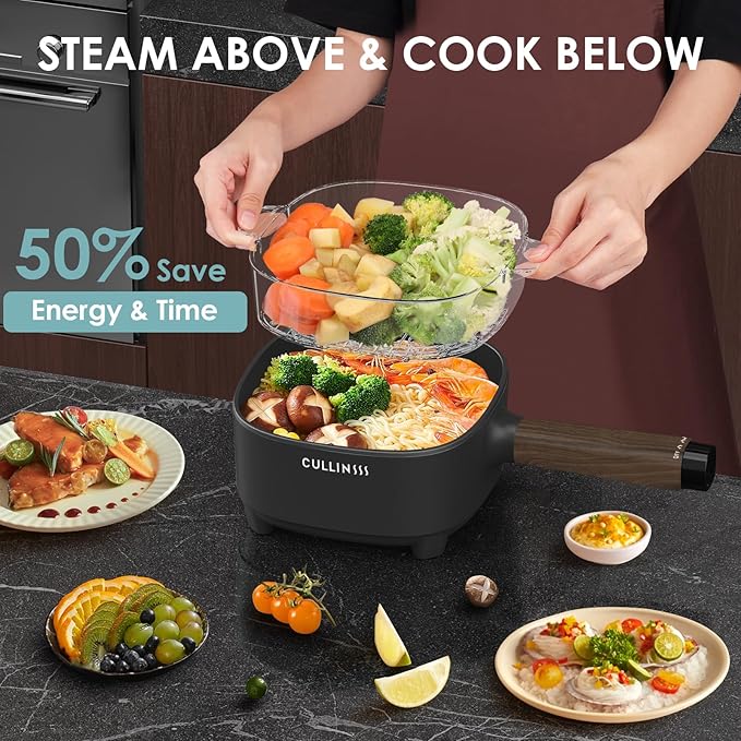 2L Hot Pot Electric with Steamer, Portable Electric Pot with Upgrade Titanium Nonstick Coating for Dorm, Office, Travel, Multi Cooker Pot for Ramen, Soup, Oatmeal (Tongs Included)
