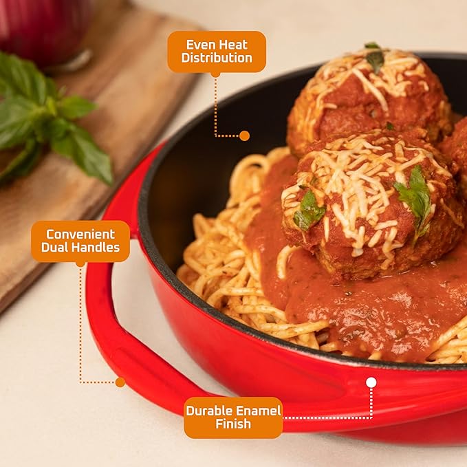 Bruntmor 9.5-Inch Red Enameled Cast Iron Pan - Oven Safe Deep Dish Pizza Pan with Dual Handles - Pie Dish for Baking - Even Heat Distribution - Durable Nonstick Enamel Finish for Versatile Cooking