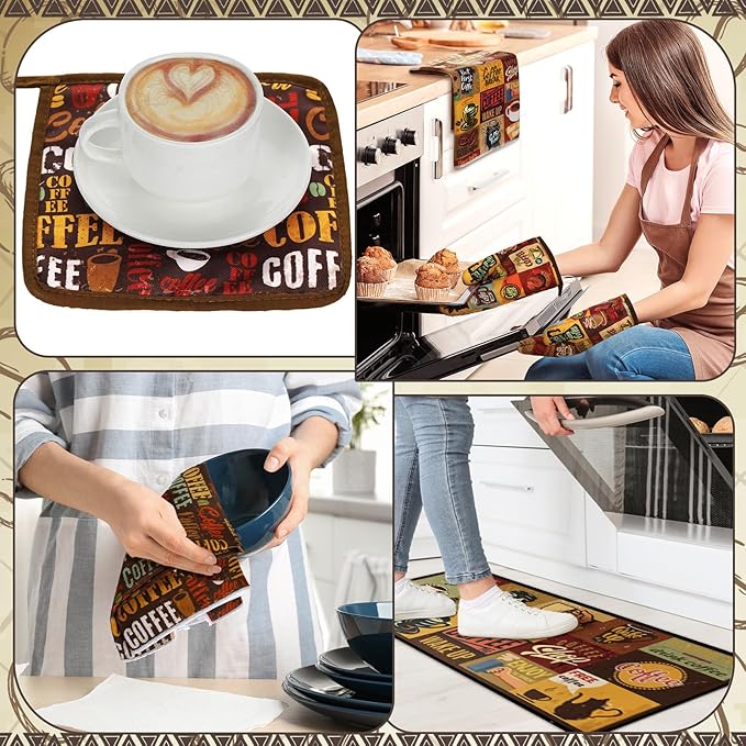 10 Pcs Coffee Kitchen Decor and Accessories Coffee Oven Mitts and Pot Holders Set Dish Towels Farmhouse Kitchen Decor Retro Brown Gloves for Chef Baking Cooking Grilling BBQ Women Gift