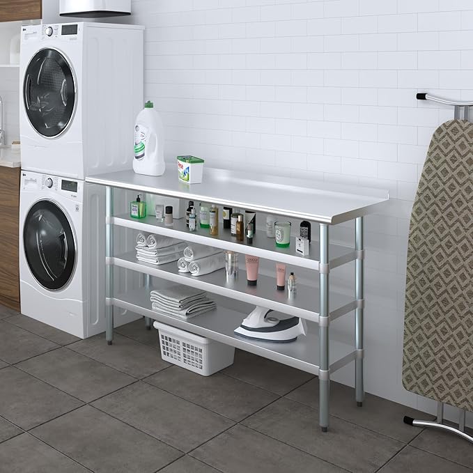 AmGood Stainless Steel Work Table with 1.5" Backsplash and 3 Shelves | Metal Kitchen Food Prep Table | NSF (60" Long x 18" Deep)