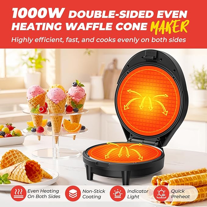 Waffle Cone Maker and Ice Cream Cone Maker with Cone Roller, 1000W Double Side Even Heating Thin Waffle Maker, Makes Crispy Waffle Cones, 7.5" Nonstick Plate Waffle Cone Maker Machine, Easy to Clean