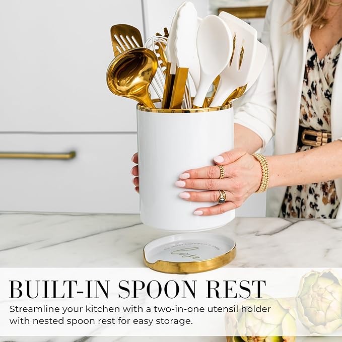STYLED SETTINGS White and Gold Cooking Utensils Set – 13-Piece Set Includes Gold Kitchen Utensils, Ceramic Utensil Holder and Built-In Spoon Rest – Luxury Kitchen Accessories