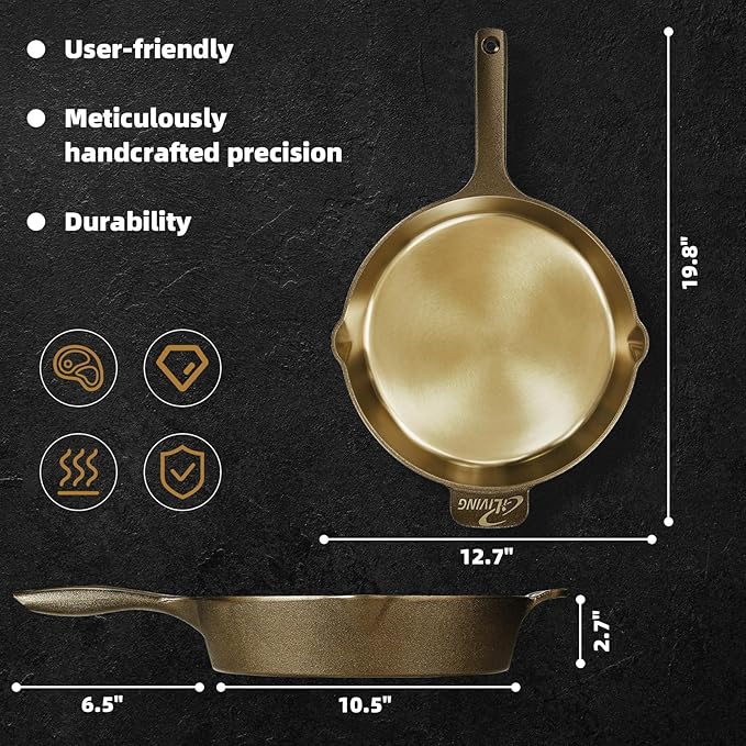 iLiving Seasoned Modern Heirloom Mirror Polished Cast Iron Skillet Pan 12" (2.7" Wall Height/3.7 L)