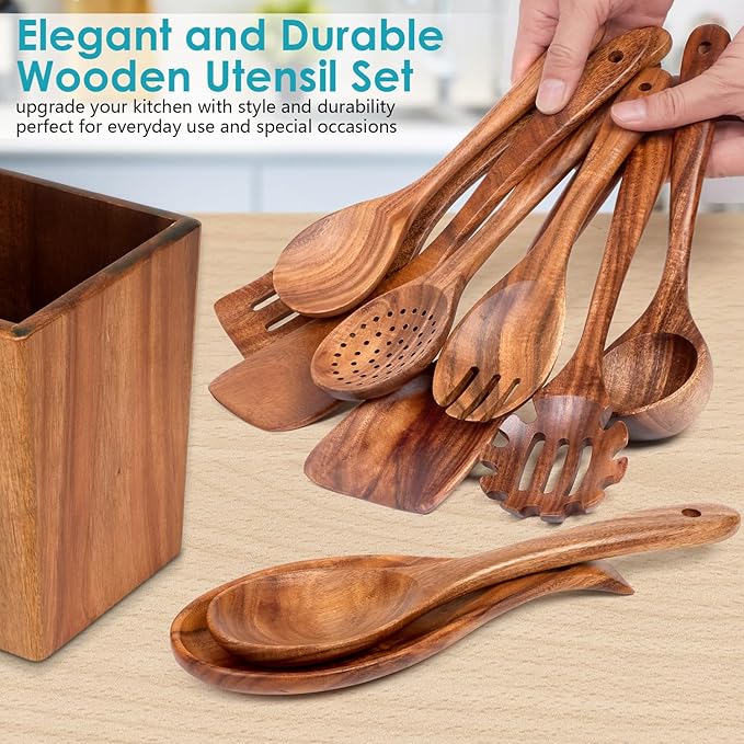 Wooden Spoons for Cooking, Premium Acacia Wood Kitchen Utensil Set, Handmade Wooden Utensils for Nonstick Cookware, Heat Resistant, Smooth Finish, Comfortable Grip, with Holder, Gift Ready