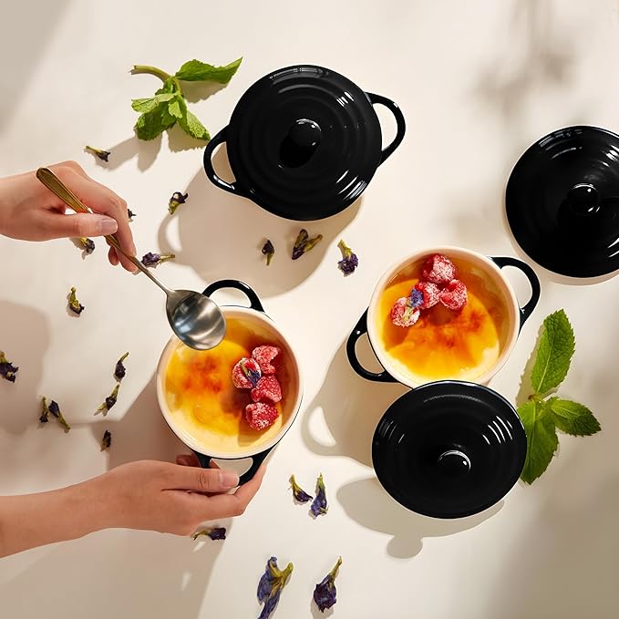 Kook Ceramic Mini Cocotte Set, Small Casserole Dishes with Lids and Handles, Individual Baking Ramekins, Oven safe 500F, Microwave & Dishwasher Safe, Stoneware, 12 oz, Set of 4, (Black)