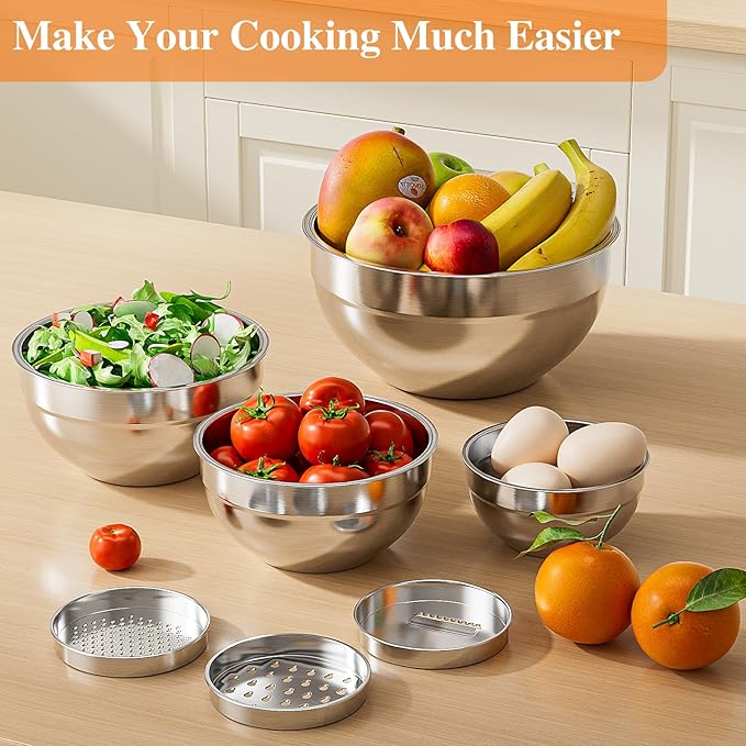 Mixing Bowls with Lids Set, 6 PCS Stainless Steel Mixing Bowls with 3 Grater Attachments, Kitchen Food Storage Organizers Nesting Mixing Bowl, Large Size 4.5, 3.5, 2.1, 1.5, 1.1, 0.7QT