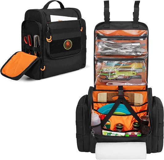 Large Tactical Camping Kitchen Organizer, Hanging Cookware Storage Bag with Paper Towel Holder & Multi Pockets, Portable Camp Utensil Organizer for BBQ Cooking Essentials, Black, Bag Only