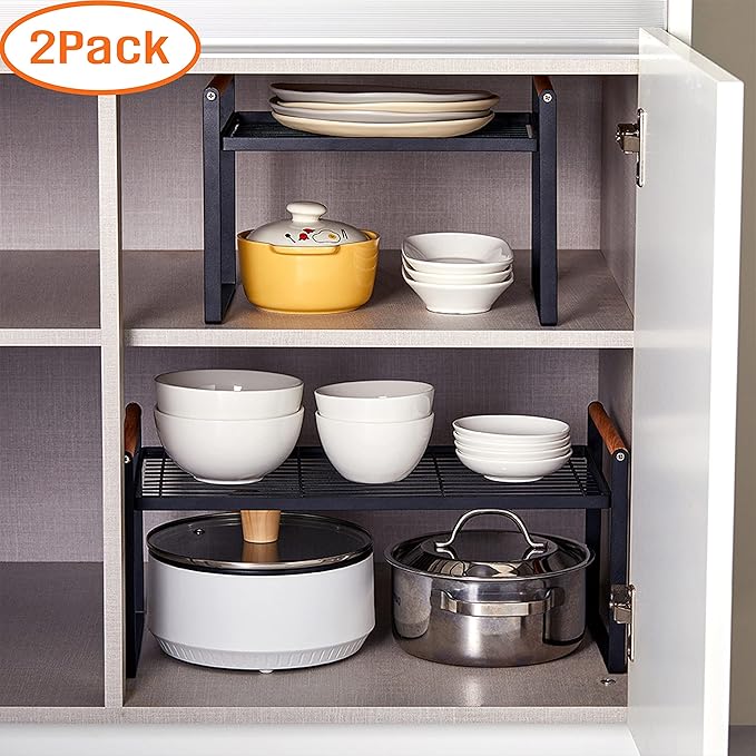 2-Pack Stackable Organizer Set-Versatile Storage Solution for Cabinets and Countertops-Kitchen and Pantry Shelf, Spice Rack - Space-Saving Design-Metal Wire-Black
