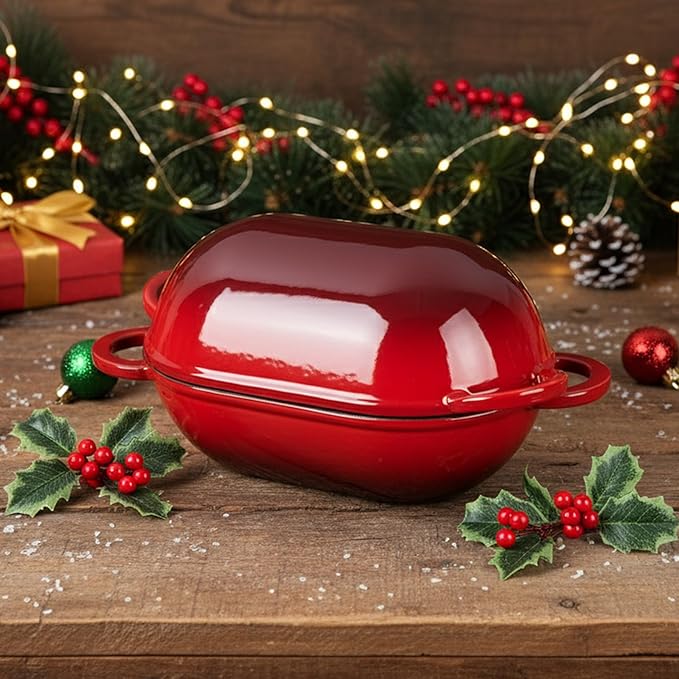 Onader Oval Dutch Oven for Bread Baking, 9x5-1/2 Inch Cast Iron Sourdough Bread Loaf Pan with Lid, Enameled Cast Iron Dutch Oven Pot, 2.8QT Meatloaf Pan, Heavy Duty - Red
