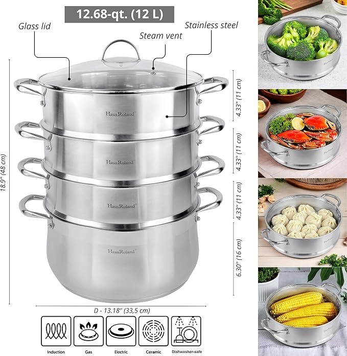 3-Tier Stainless Steel Steamer Pot with Lid Dumpling Steamer Pot for Cooking (3-tiered), Multi-Layer Cookware Pot, Food Vegetable Cooking Pan with Stackable Pan Insert for Vegetable, Dumpling, Meat, Dishwasher safe, Induction Safe (Silver, 12.68-qt. (1...
